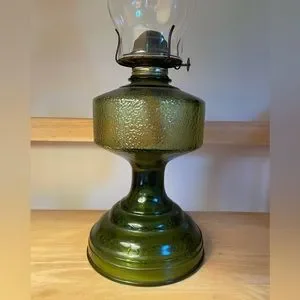 Accents | Vintage P A Risdon Green Glass Oil Lamp Base With  Vintage P & A Risdon Green Glass Oil Lamp Base With Burner And Chimney main image 1